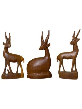Vintage Mid Century Carved Wooden African Antelope Sculpture Figurine | Set of 3
